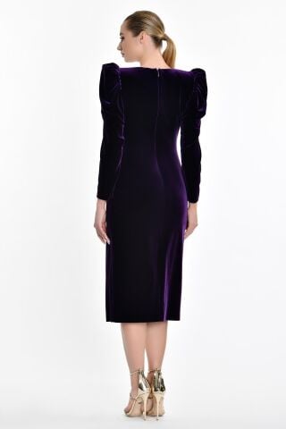 Uzun Kol Kadife Midi Elbise Mor - 42