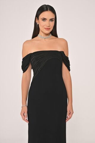 Düşük Omuz Saten Yaka Krep Uzun Elbise SİYAH / SİYAH - 36