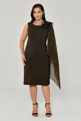 Omzu Şifon Şal Aksesuarlı Midi Elbise Nefti - 40