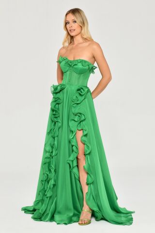 Straplez Fırfırlı Çift Yırtmaçlı Şifon Uzun Elbise A.ZÜMRÜT - 36