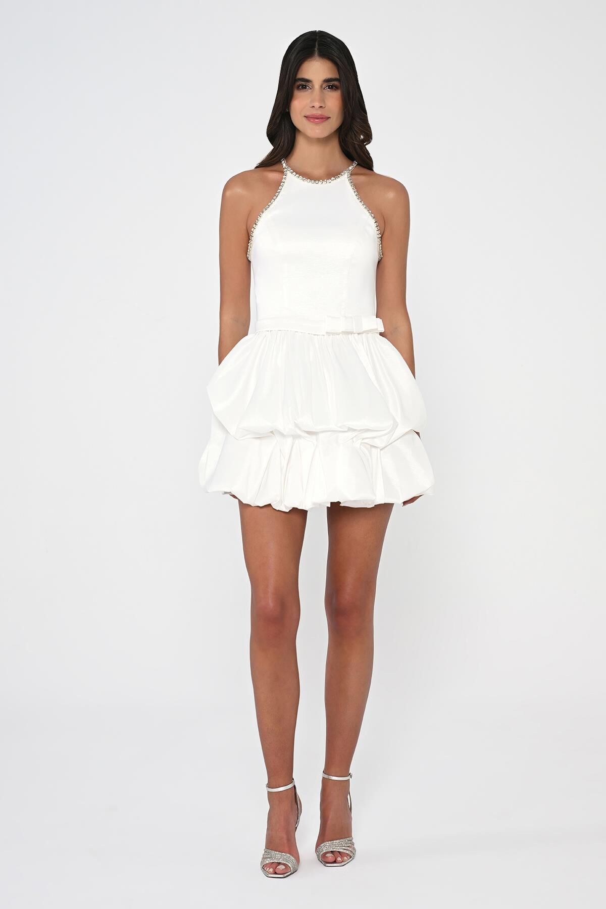 Taşlı Halter Yaka Balon Etek Tafta Kumaş Kısa Elbise Beyaz - 38