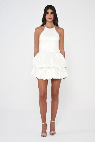 Taşlı Halter Yaka Balon Etek Tafta Kumaş Kısa Elbise Beyaz - 38