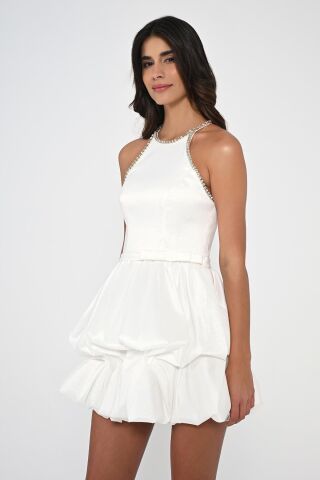 Taşlı Halter Yaka Balon Etek Tafta Kumaş Kısa Elbise Beyaz - 38