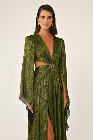 V Yaka Bel Sırt Dekolteli Önü Broşlu Şifon Uzun Elbise SİYAH / YEŞİL - 38