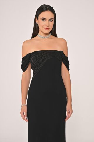 Düşük Omuz Saten Yaka Krep Uzun Elbise SİYAH / SİYAH - 38