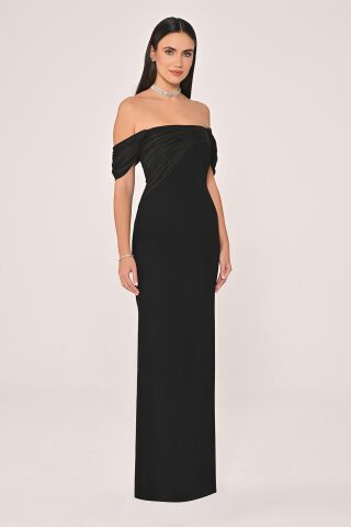 Düşük Omuz Saten Yaka Krep Uzun Elbise SİYAH / SİYAH - 38