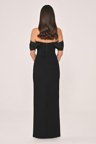 Düşük Omuz Saten Yaka Krep Uzun Elbise SİYAH / SİYAH - 38