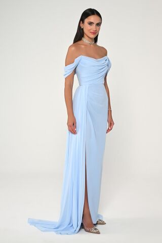 Düşük Omuz Yandan Yırtmaçlı Şifon Uzun Elbise AÇIK MAVİ - 42