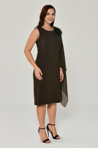 Omzu Şifon Şal Aksesuarlı Midi Elbise Nefti - 42