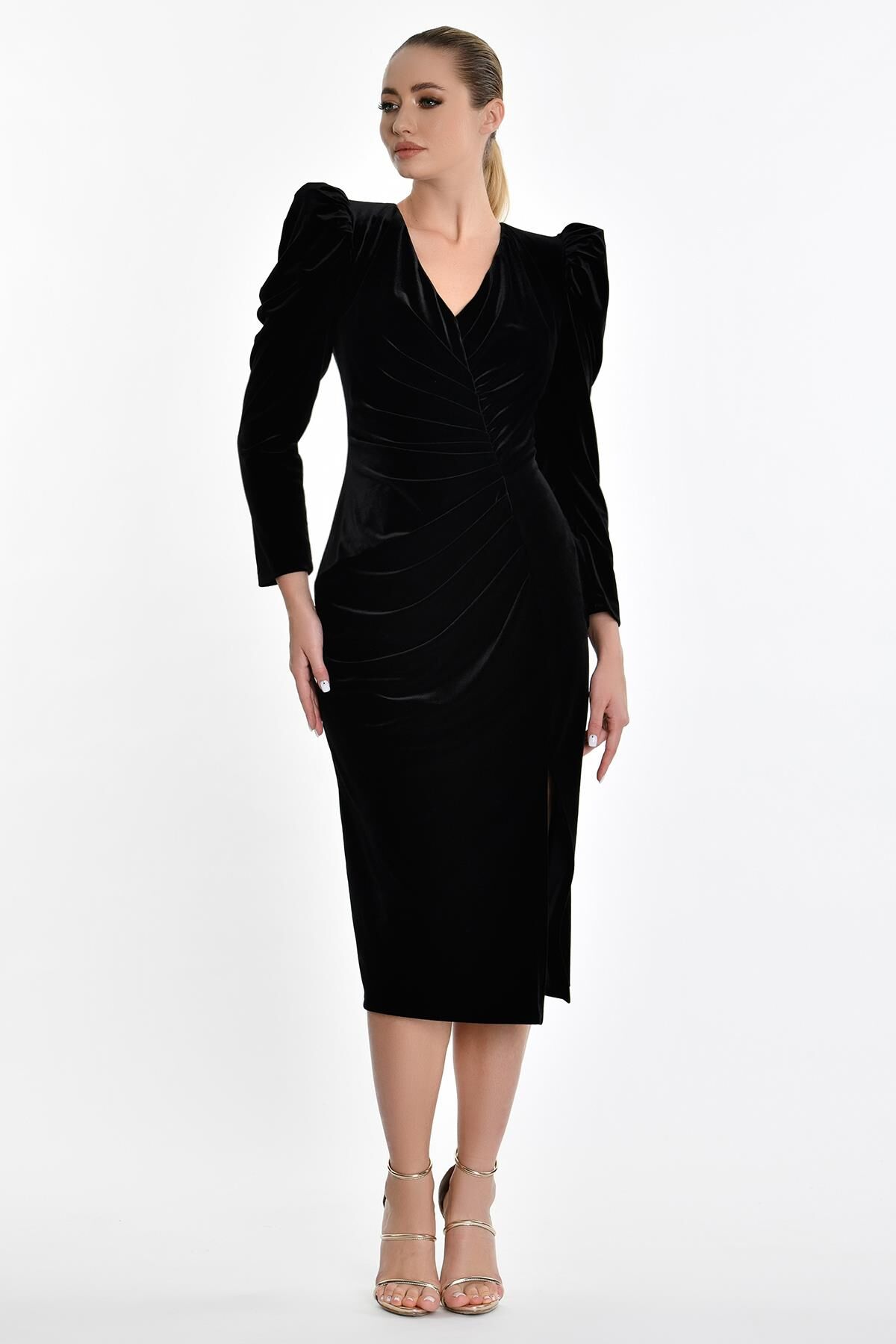 Uzun Kol Kadife Midi Elbise Siyah - 38