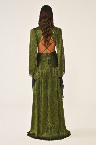 V Yaka Bel Sırt Dekolteli Önü Broşlu Şifon Uzun Elbise SİYAH / YEŞİL - 40