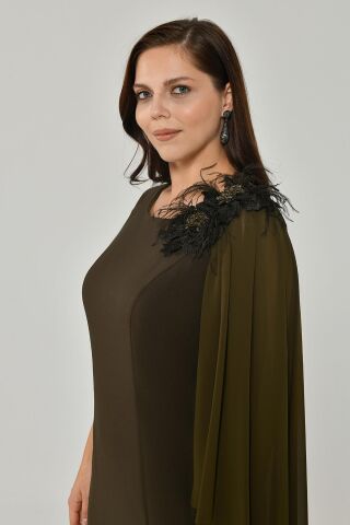 Omzu Şifon Şal Aksesuarlı Midi Elbise Nefti - 44