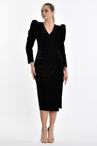 Uzun Kol Kadife Midi Elbise Siyah - 40