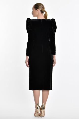 Uzun Kol Kadife Midi Elbise Siyah - 40