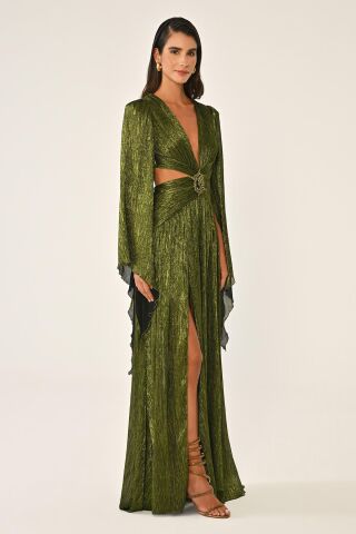 V Yaka Bel Sırt Dekolteli Önü Broşlu Şifon Uzun Elbise SİYAH / YEŞİL - 42