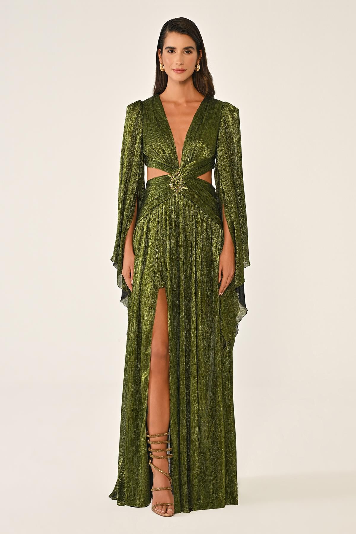 V Yaka Bel Sırt Dekolteli Önü Broşlu Şifon Uzun Elbise SİYAH / YEŞİL - 42