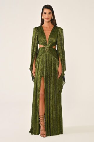 V Yaka Bel Sırt Dekolteli Önü Broşlu Şifon Uzun Elbise SİYAH / YEŞİL - 42