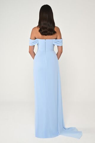 Düşük Omuz Yandan Yırtmaçlı Şifon Uzun Elbise AÇIK MAVİ - 46