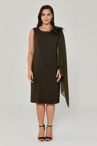 Omzu Şifon Şal Aksesuarlı Midi Elbise Nefti - 46