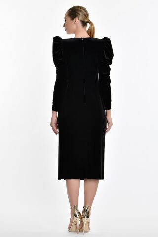 Uzun Kol Kadife Midi Elbise Siyah - 42