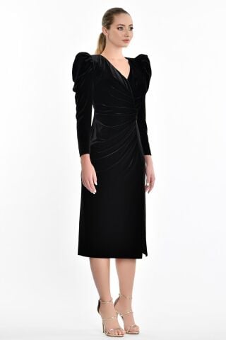 Uzun Kol Kadife Midi Elbise Siyah - 42