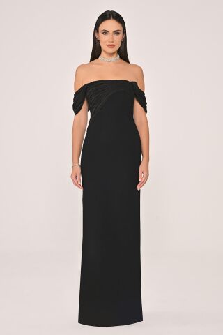 Düşük Omuz Saten Yaka Krep Uzun Elbise SİYAH / SİYAH - 44