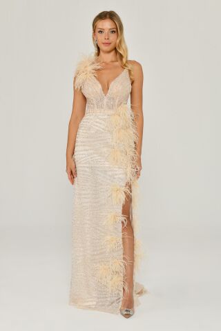 İp Askılı Sırt İp Askılı V Yaka Otriş Akesuarlı Pullu Kumaş Uzun Elbise EKRU - 36