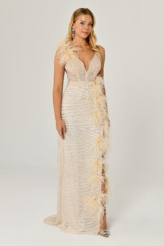 İp Askılı Sırt İp Askılı V Yaka Otriş Akesuarlı Pullu Kumaş Uzun Elbise EKRU - 36