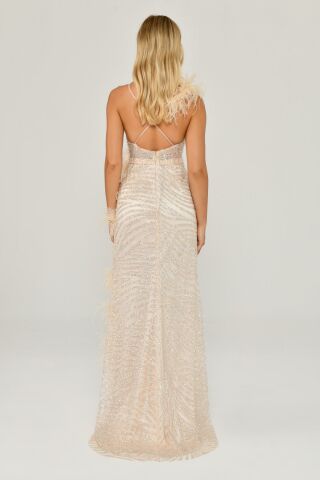 İp Askılı Sırt İp Askılı V Yaka Otriş Akesuarlı Pullu Kumaş Uzun Elbise EKRU - 36