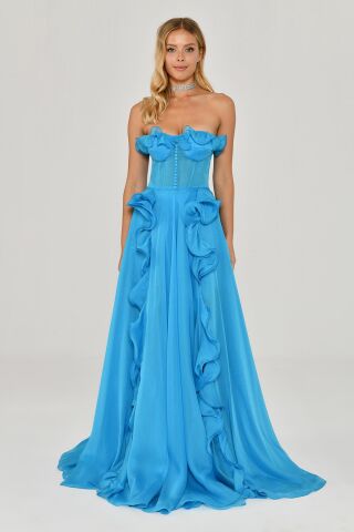 Straplez Fırfırlı Çift Yırtmaçlı Şifon Uzun Elbise A.TURKUAZ - 36