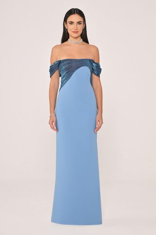 Düşük Omuz Saten Yaka Krep Uzun Elbise 36 - MAVİ / İNDİGO