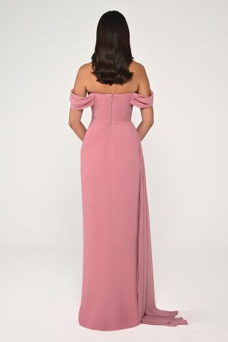 Düşük Omuz Yandan Yırtmaçlı Şifon Uzun Elbise KOYU PEMBE - 38