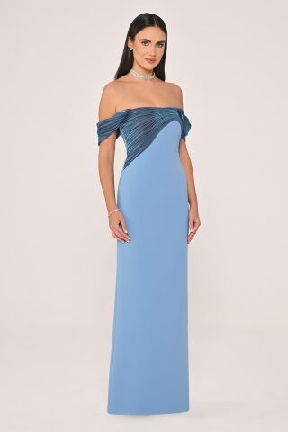 Düşük Omuz Saten Yaka Krep Uzun Elbise 38 - MAVİ / İNDİGO