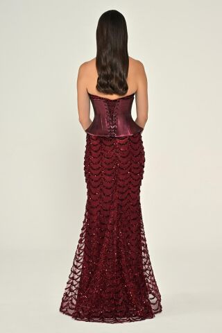 Straplez Korse Bel Payet Uzun Elbise Bordo - 36
