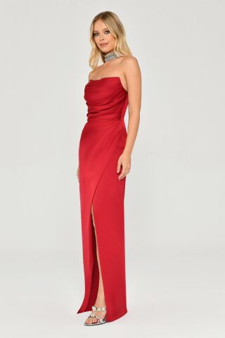 Straplez Saten Uzun Elbise Bordo - 44