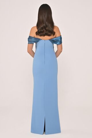 Düşük Omuz Saten Yaka Krep Uzun Elbise 42 - MAVİ / İNDİGO