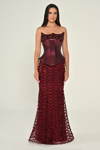 Straplez Korse Bel Payet Uzun Elbise Bordo - 40