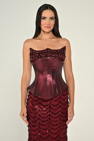 Straplez Korse Bel Payet Uzun Elbise Bordo - 44