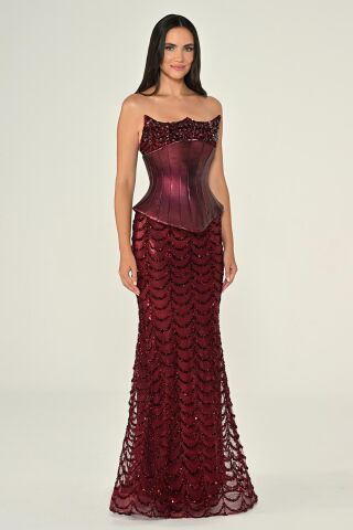 Straplez Korse Bel Payet Uzun Elbise Bordo - 44