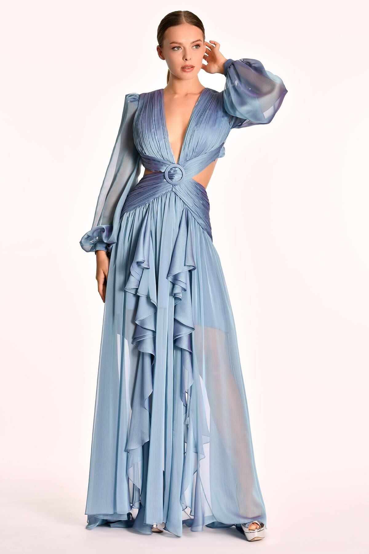 Langes Chiffonkleid mit V-Ausschnitt, Schnalle vorne und doppeltem Schlitz, BLAU - 38