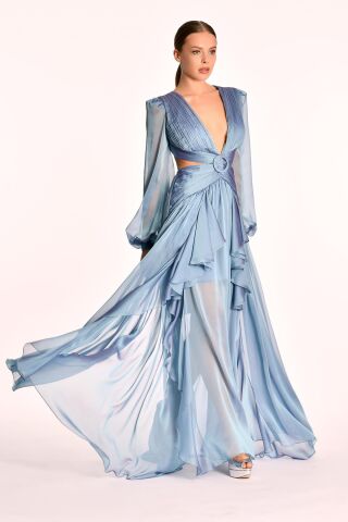 Langes Chiffonkleid mit V-Ausschnitt, Schnalle vorne und doppeltem Schlitz, BLAU - 38