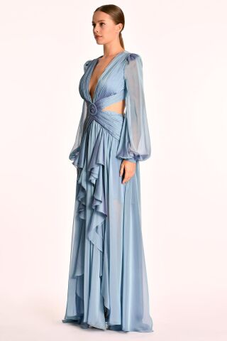 Langes Chiffonkleid mit V-Ausschnitt, Schnalle vorne und doppeltem Schlitz, BLAU - 38