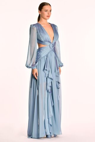 Langes Chiffonkleid mit V-Ausschnitt, Schnalle vorne und doppeltem Schlitz, BLAU - 38