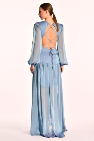 Langes Chiffonkleid mit V-Ausschnitt, Schnalle vorne und doppeltem Schlitz, BLAU - 38