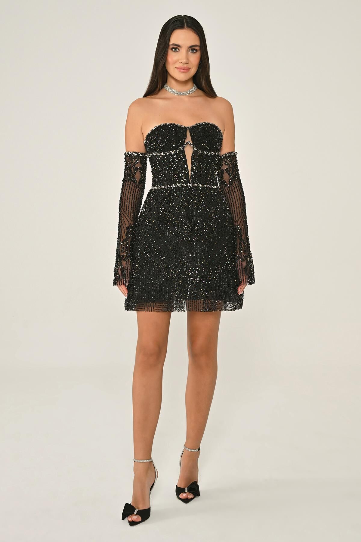 Straplez Taşlı Boncuk İşlemeli Kısa Elbise Siyah - 36