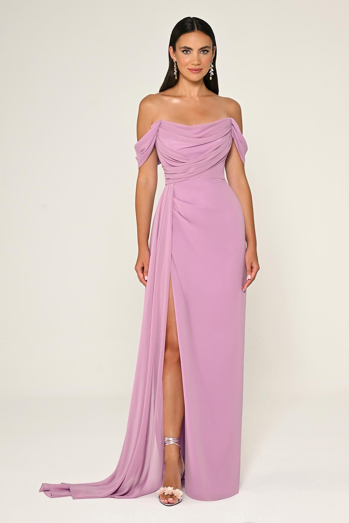 Düşük Omuz Yandan Yırtmaçlı Şifon Uzun Elbise AÇIK PEMBE - 38