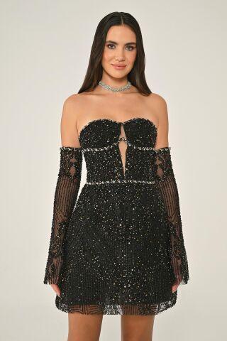 Straplez Taşlı Boncuk İşlemeli Kısa Elbise Siyah - 38