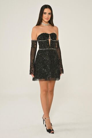 Straplez Taşlı Boncuk İşlemeli Kısa Elbise Siyah - 38