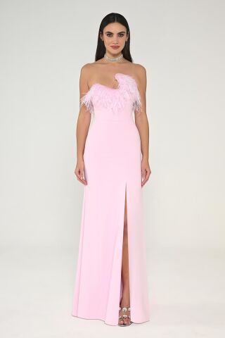 Strapless Top Feather Asymmetrical Cut Crepe Long Dress Pink - 38