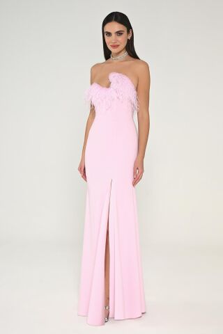 Strapless Top Feather Asymmetrical Cut Crepe Long Dress Pink - 38